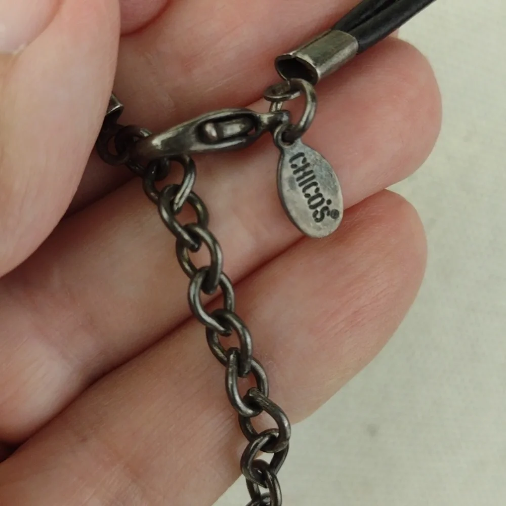 Chico's Black Leather Cord Mixed Metal Silver Bronze & Black Pendant Necklace